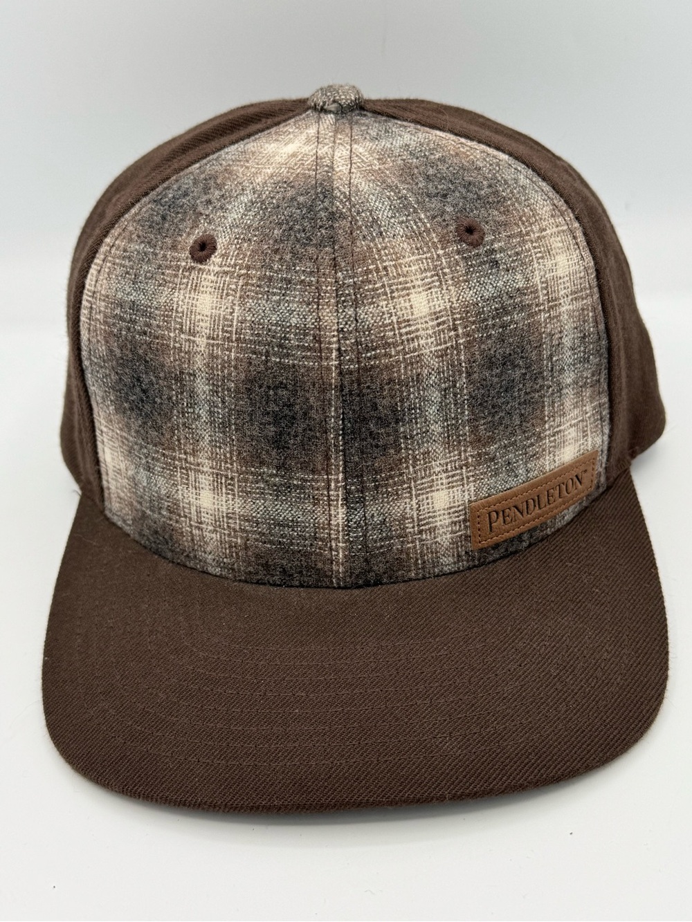Pendleton Plaid Brown Mix Ombré Wool Flat Brim Hat Snapback Ball Cap